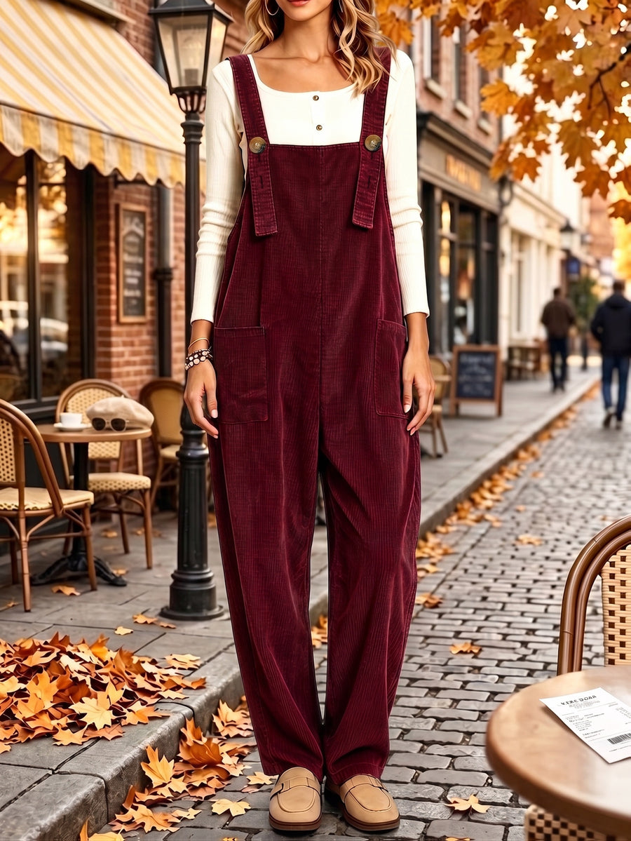 Women's Corduroy Overalls with Suspenders, Loose-Fit Workwear Jumpsuit for Spring/Autumn, Casual Commute Streetwear,, Figure-Flattering, Age-Reducing, Versatile Long Overalls Pants - Burgundy