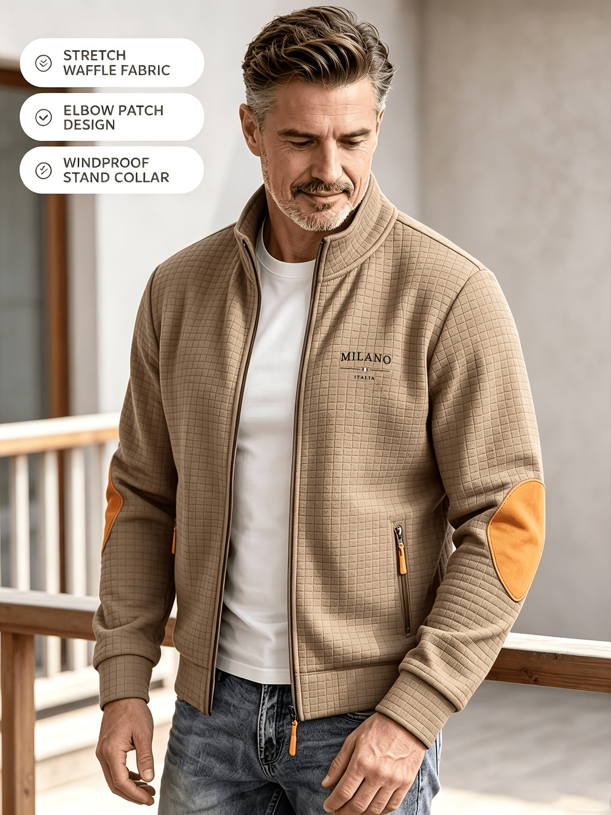 2pcs Men'S Autumn Winter Sports Small Stand-Up Collar Zipper Pocket Jacket, Spring Autumn Versatile Zipper Cardigan Top, Fashionable Plaid Jacquard Texture Fabric, Stylish Elbow Classic Color-Block Casual Coat, Suitable As Men'S Holiday Gift - Khaki+grey
