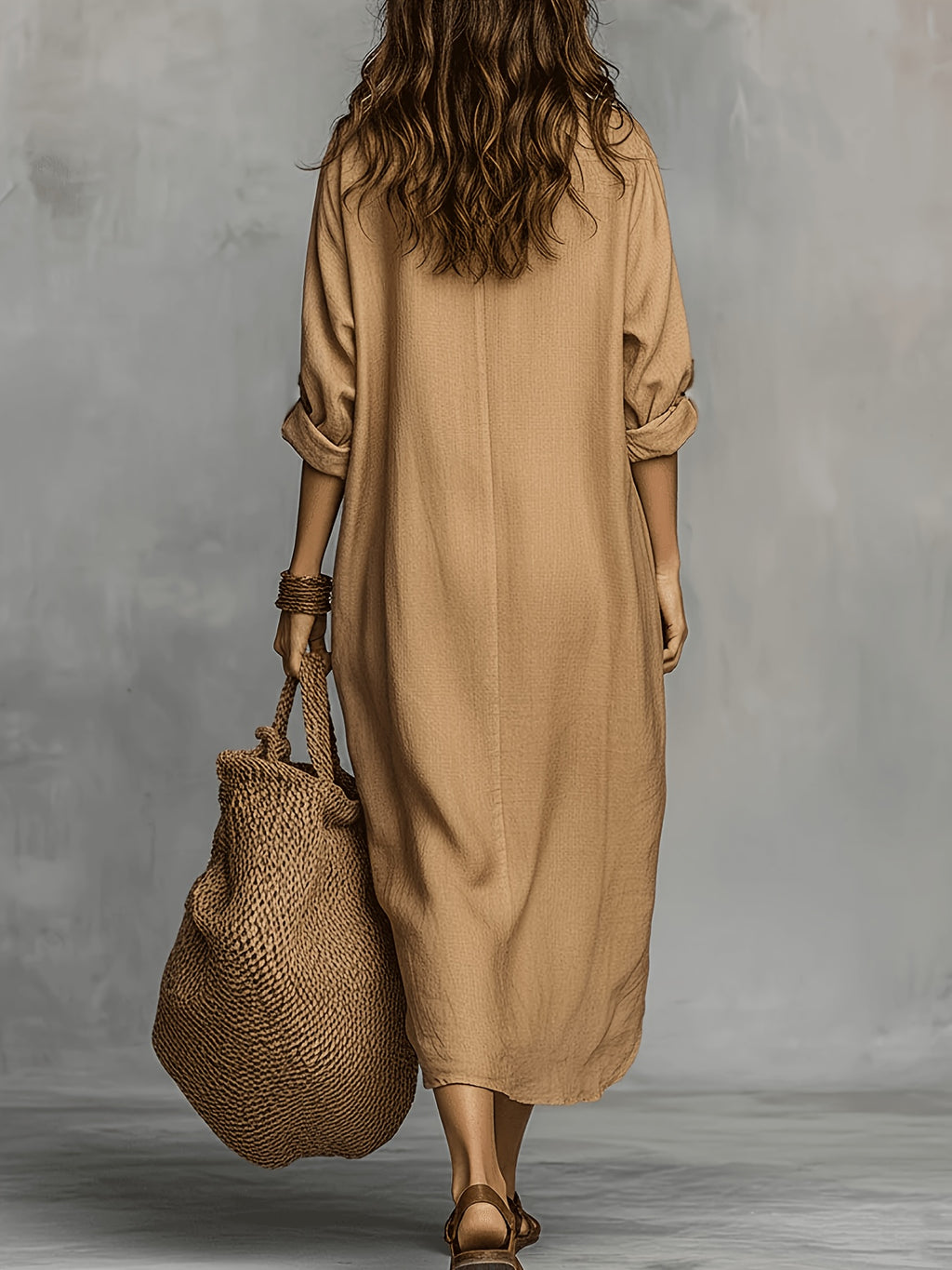 Women's Elegant Lapel Loose-Fit Long Sleeve Maxi Dress, Skin-Friendly and Breathable Faux Linen Fabric, Versatile for Vacation, Commuting, and Daily Wear, Flattering and Minimalist Design, Relaxed Style Long Dress for Spring, Summer, and Autumn - Camel