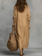Women's Elegant Lapel Loose-Fit Long Sleeve Maxi Dress, Skin-Friendly and Breathable Faux Linen Fabric, Versatile for Vacation, Commuting, and Daily Wear, Flattering and Minimalist Design, Relaxed Style Long Dress for Spring, Summer, and Autumn - Camel