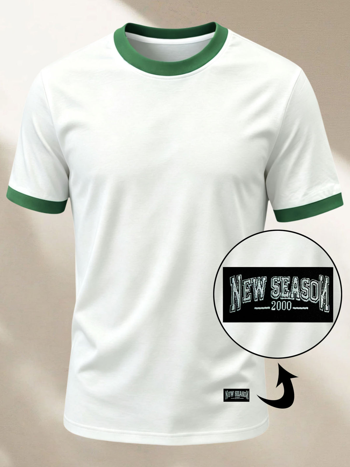 100% Cotton Men's Knitted Color-Block Crew Neck Patched T-Shirt, Summer All-Season Base Layer, Factory-Made for Men, Comfortable, High Quality, High Fit Rate, Casual Sportswear with Contrast Hem and Patch Appliqué - White with Green ZZ020