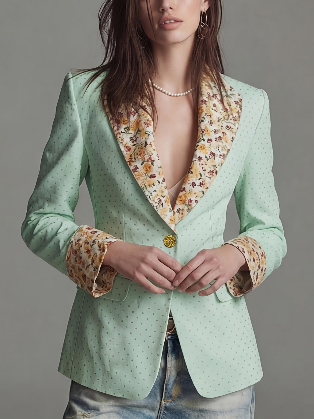 Women'S New Style Temperament Polka Dot Printed Sleeve And Collar Patchwork Floral Fashion Commuter Waist-Cinching Suit Jacket with Lining And Pockets - Light Green