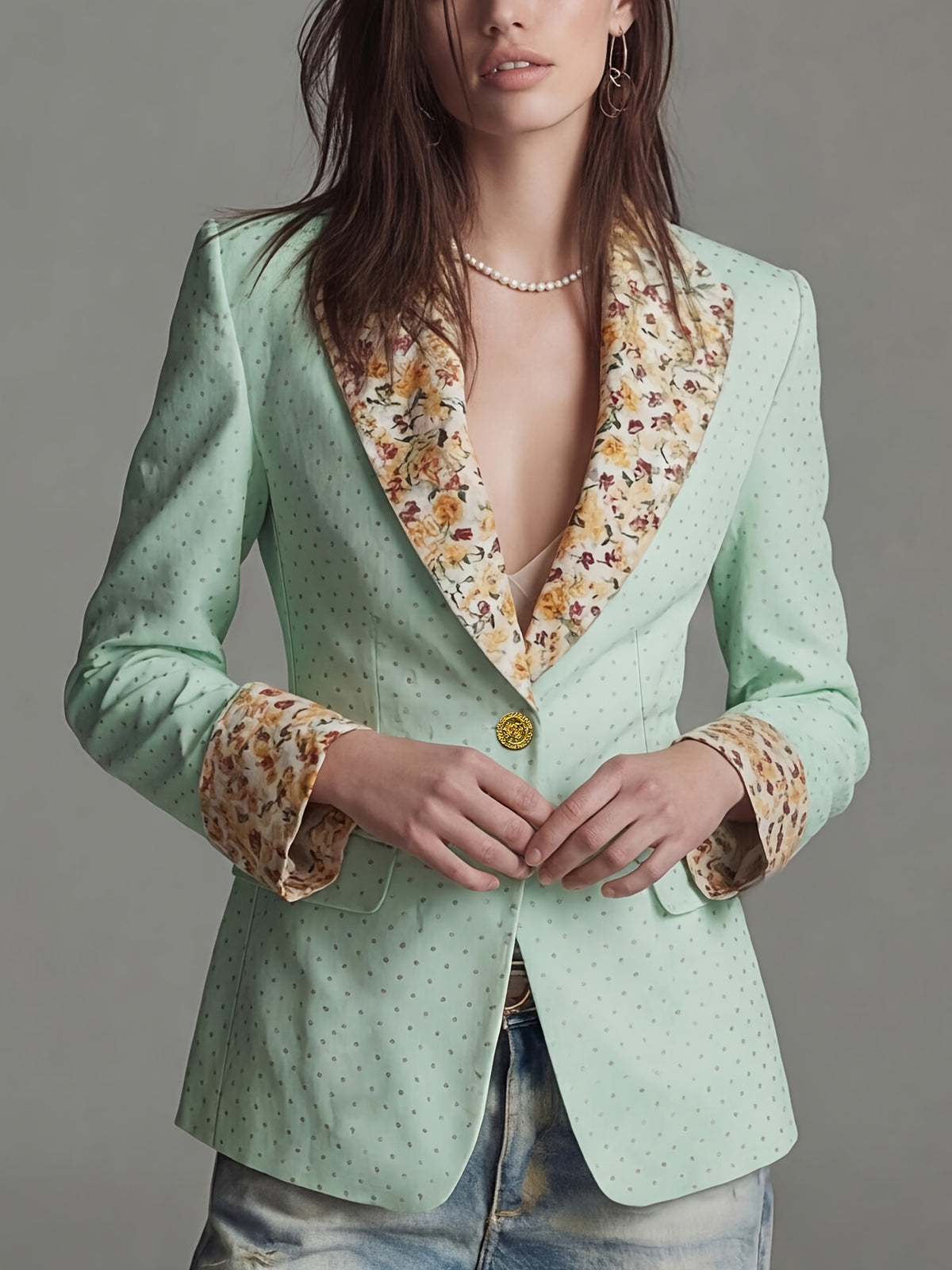 Women'S New Style Temperament Polka Dot Printed Sleeve And Collar Patchwork Floral Fashion Commuter Waist-Cinching Suit Jacket with Lining And Pockets - Light Green