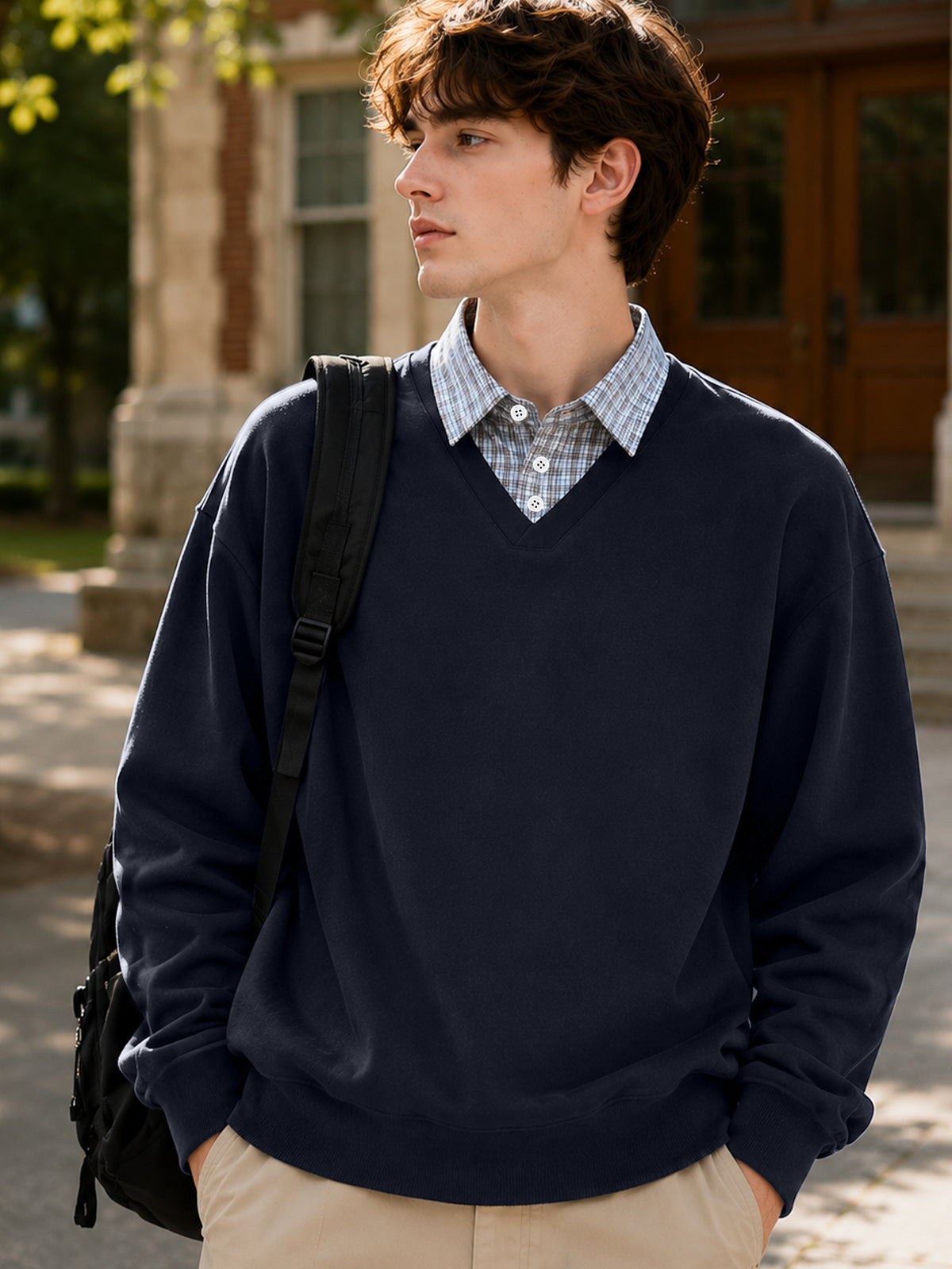 American Casual Men's Patchwork Shirt Collar 2-in-1 Look Sweatshirt, Relaxed Loose Fit V-Neck Versatile Daily Basic Long Sleeve Top - Navy