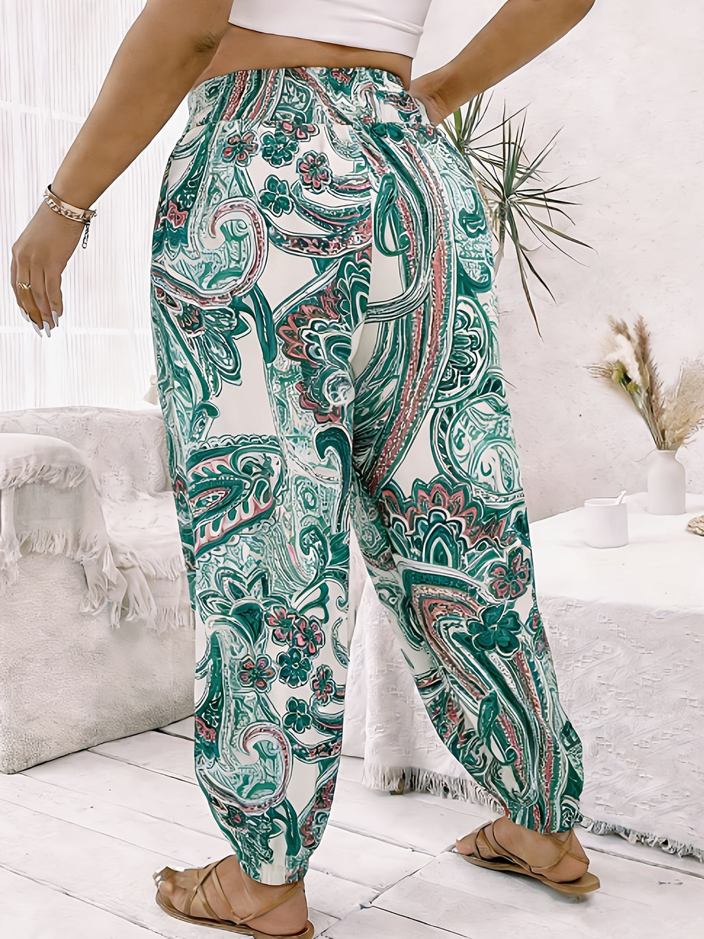 Vacation Full Body Printed High-Waist Elastic Waist Fashion Long Pants - Multicolor 3