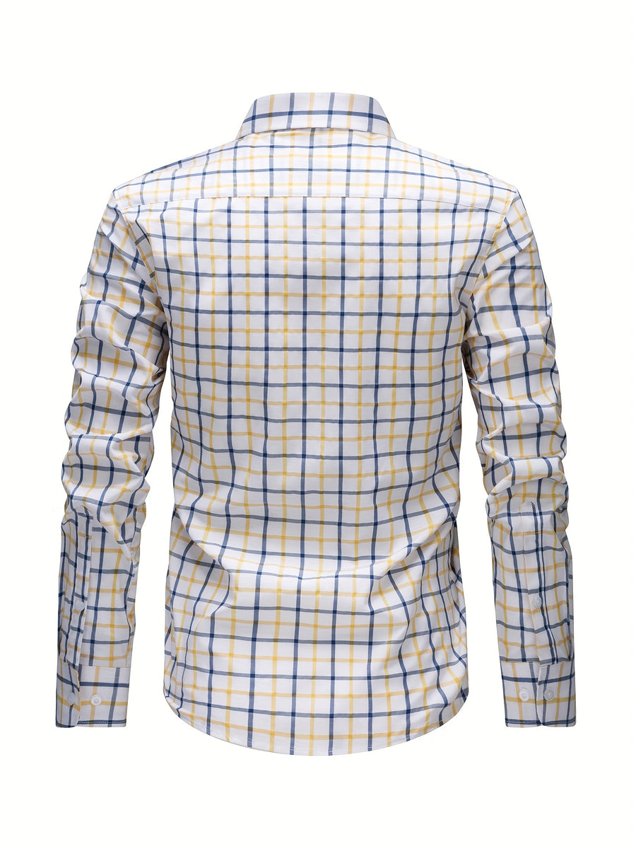 Men's Dress Shirt - Classic Checkered Pattern, Classic Notch Lapel with Button Design, Machine Washable, All-Season Regular Fit Suitable for Casual and Formal Wear - Yellow And Blue Plaid