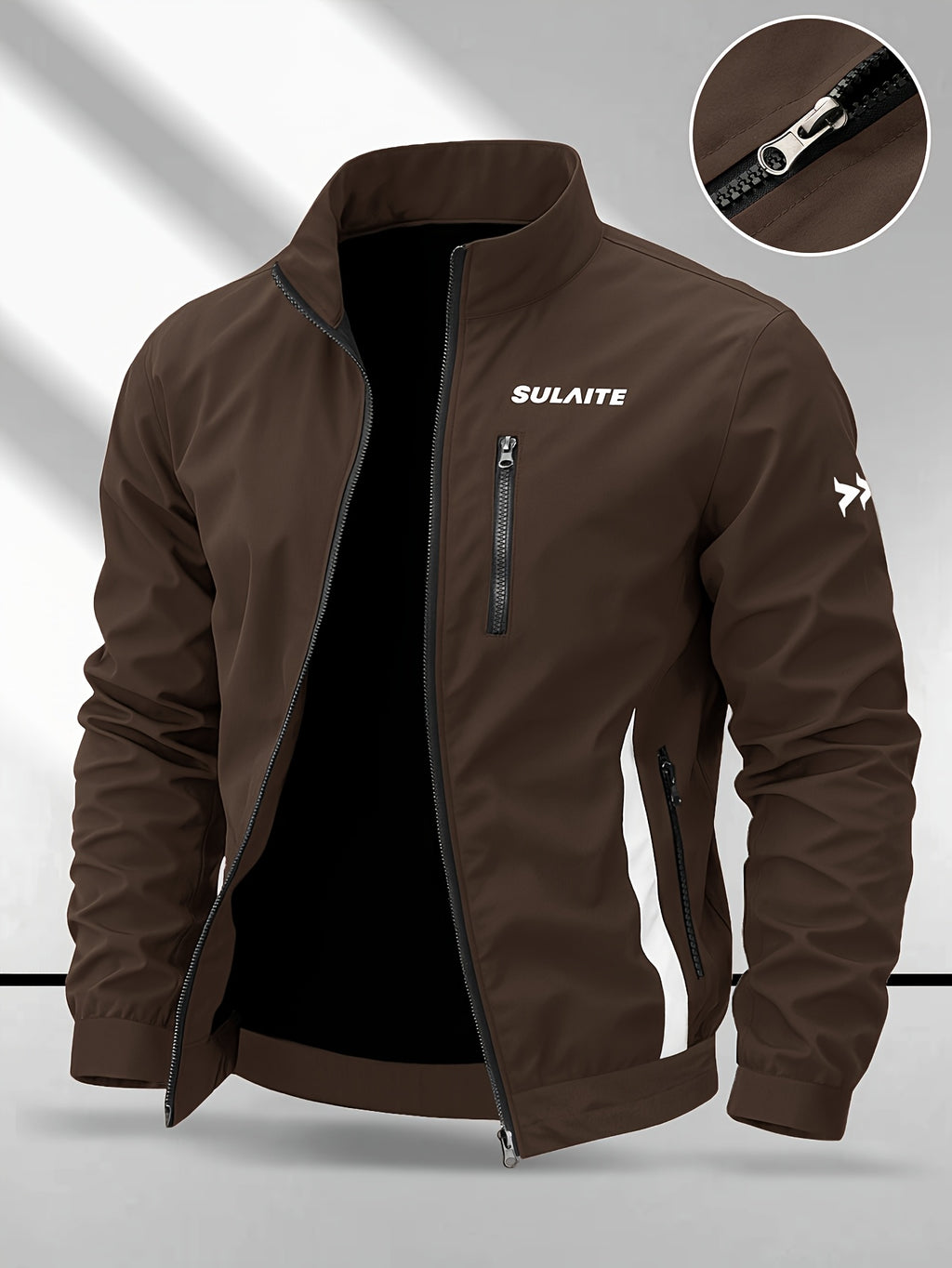 Trendy Vintage Men's Spring/Autumn New Casual Versatile Jacket Outdoor Sports Windproof Coat with Contrasting Color Stand Collar, Transitional Layering Essentials - Coffee Color