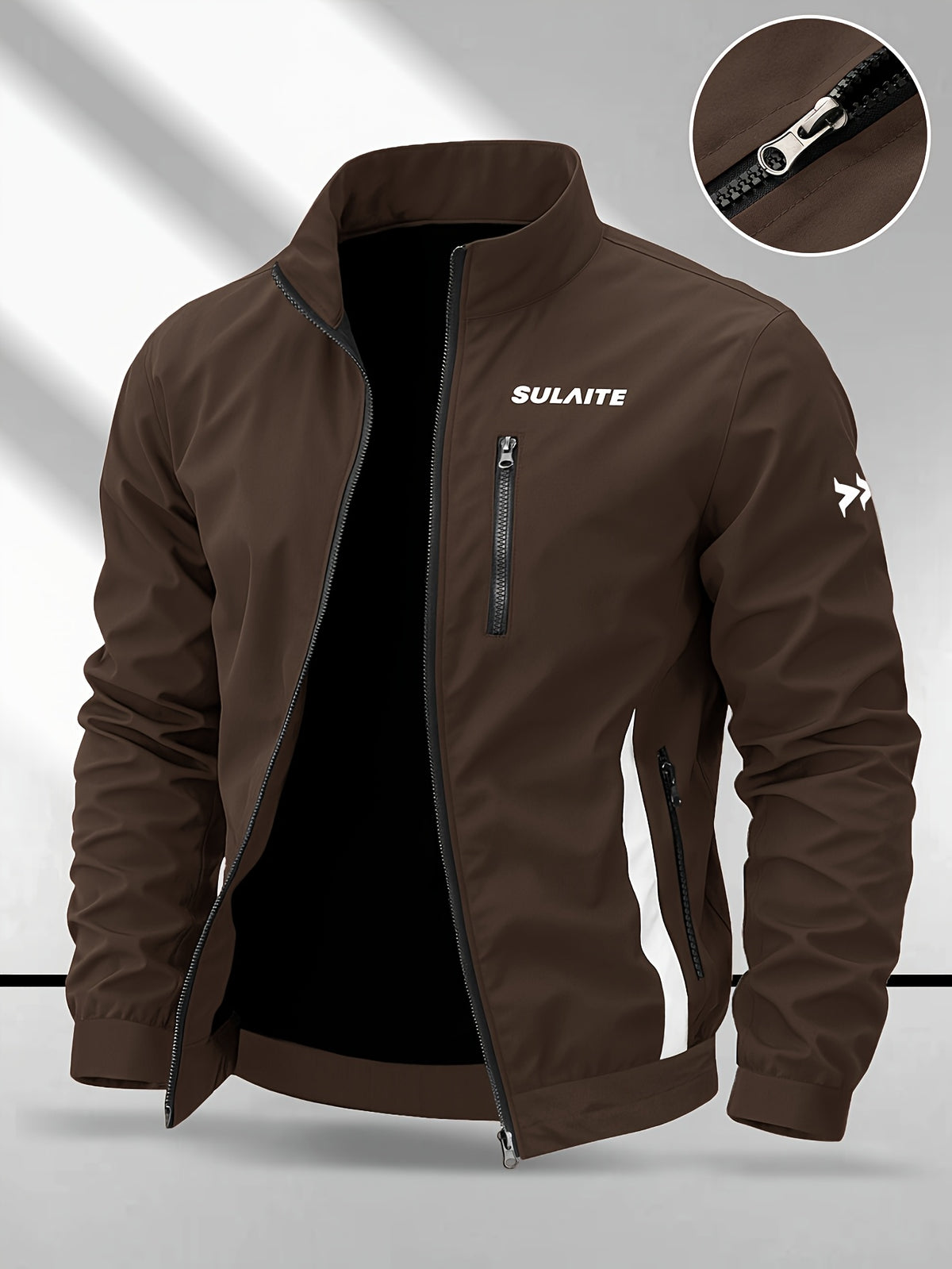 Trendy Vintage Men's Spring/Autumn New Casual Versatile Jacket Outdoor Sports Windproof Coat with Contrasting Color Stand Collar, Transitional Layering Essentials - Coffee Color