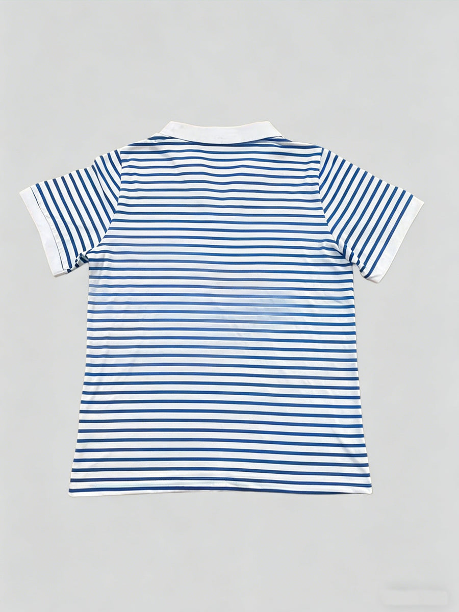 New Summer V-Neck Lapel Striped Polo Shirt for Women, Regular Shoulder Fit, Classic Striped Design, Short Sleeves with Cute and Playful Cat Graphic Print, Versatile Top for Casual Daily Wear and Commuting - Blue