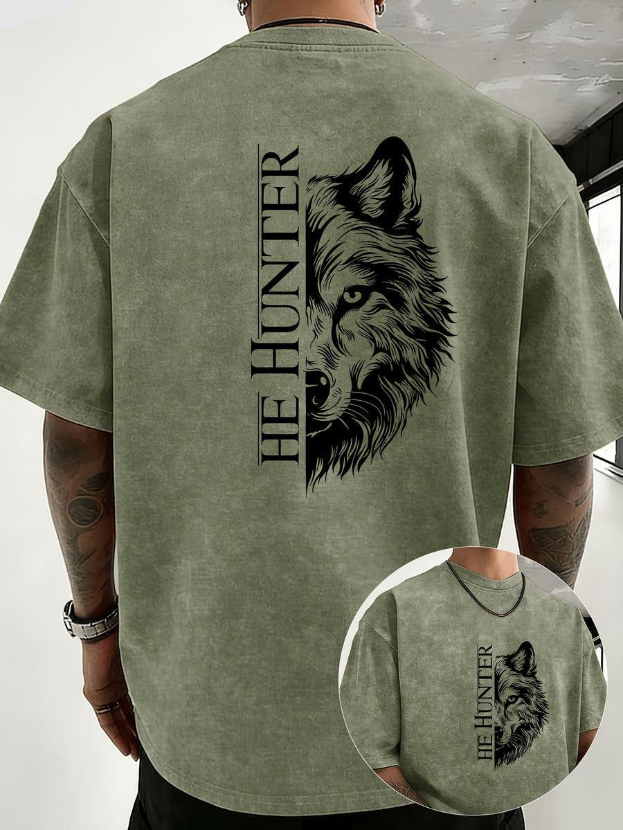 Vintage Washed Loose Double-Faced Print T-Shirt with Letter Pattern, Unisex Classic Basic Style, Soft And Durable Short Sleeve, Suitable for Students And Office Workers - Dark Green