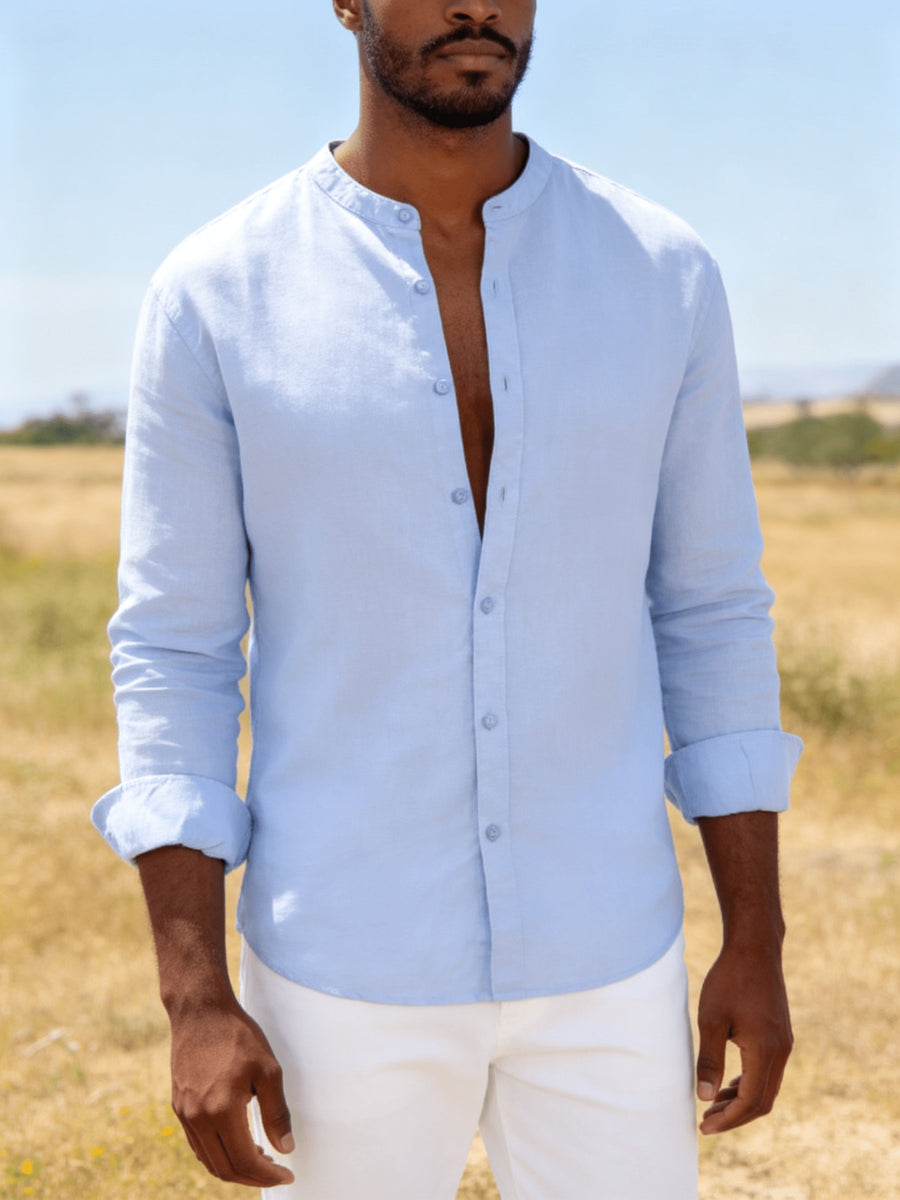 26-Year-Old Men'S New Small Stand-Up Collar Long-Sleeve Shirt, Classic Solid Colors And Multi-Colors Available. Soft, Breathable, Loose Fit for Men, Versatile Shirt for Daily Leisure - Sky Blue