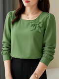 Elegant Casual Long-Sleeve Blouse with Bow and Lantern Sleeves, Solid Color Top ASD1 - Green