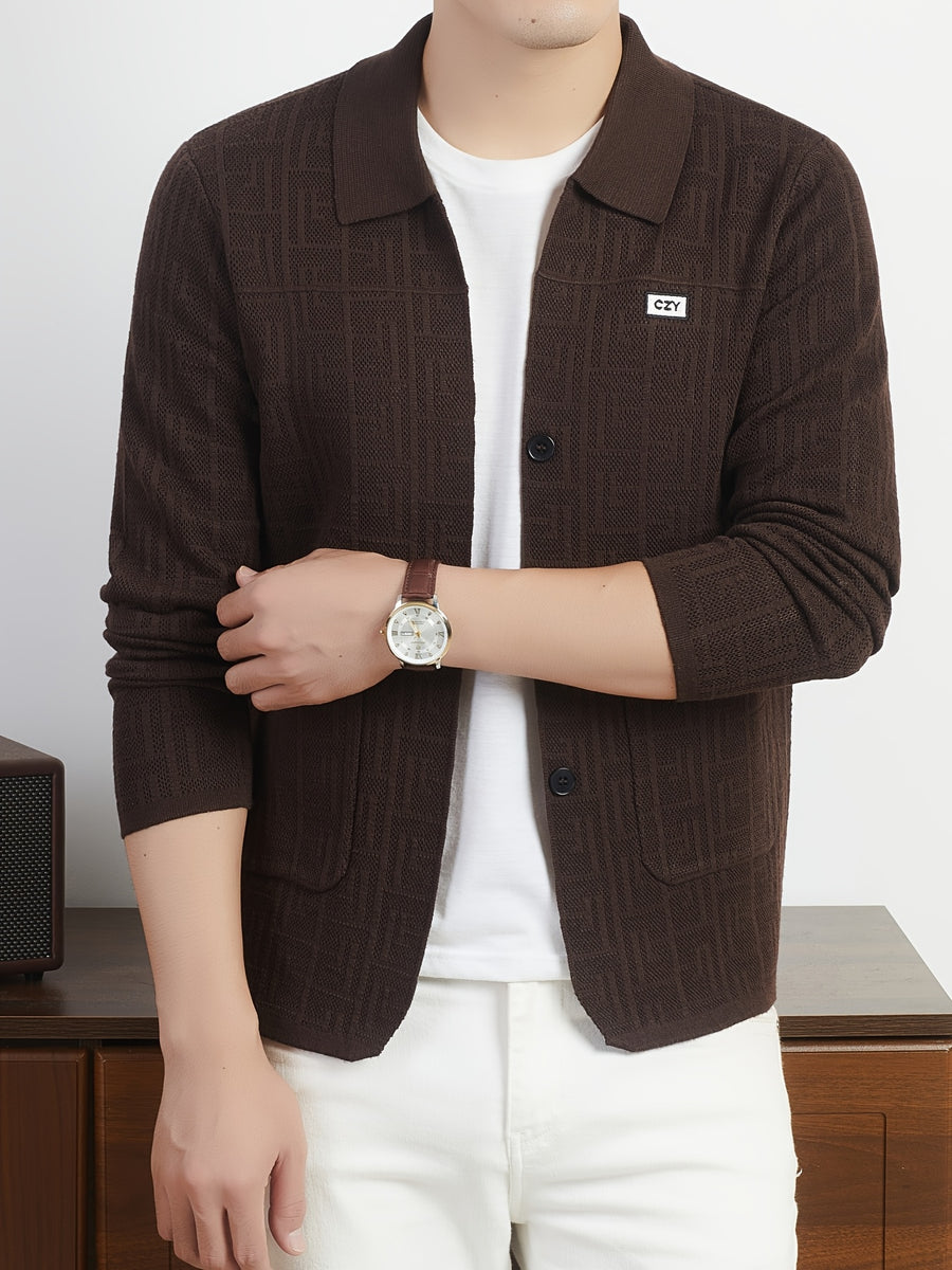 Du Jing Lan OBM Autumn/Winter New Arrival Men's Knit Cardigan, Old Money Style Solid Color Open Front Button-Up Lapel Long Sleeve Knit Cardigan, Men's Business Casual Fashion Open Front Knit Base Layer Top, Suitable for Layering in Spring - Coffee Brown