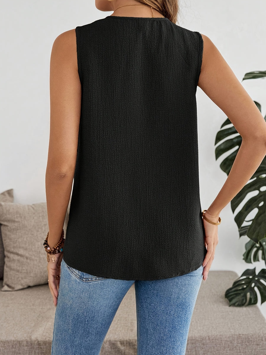 Women'S Summer Casual Pleated Irregular Hem Print Sleeveless Vest Top - Black