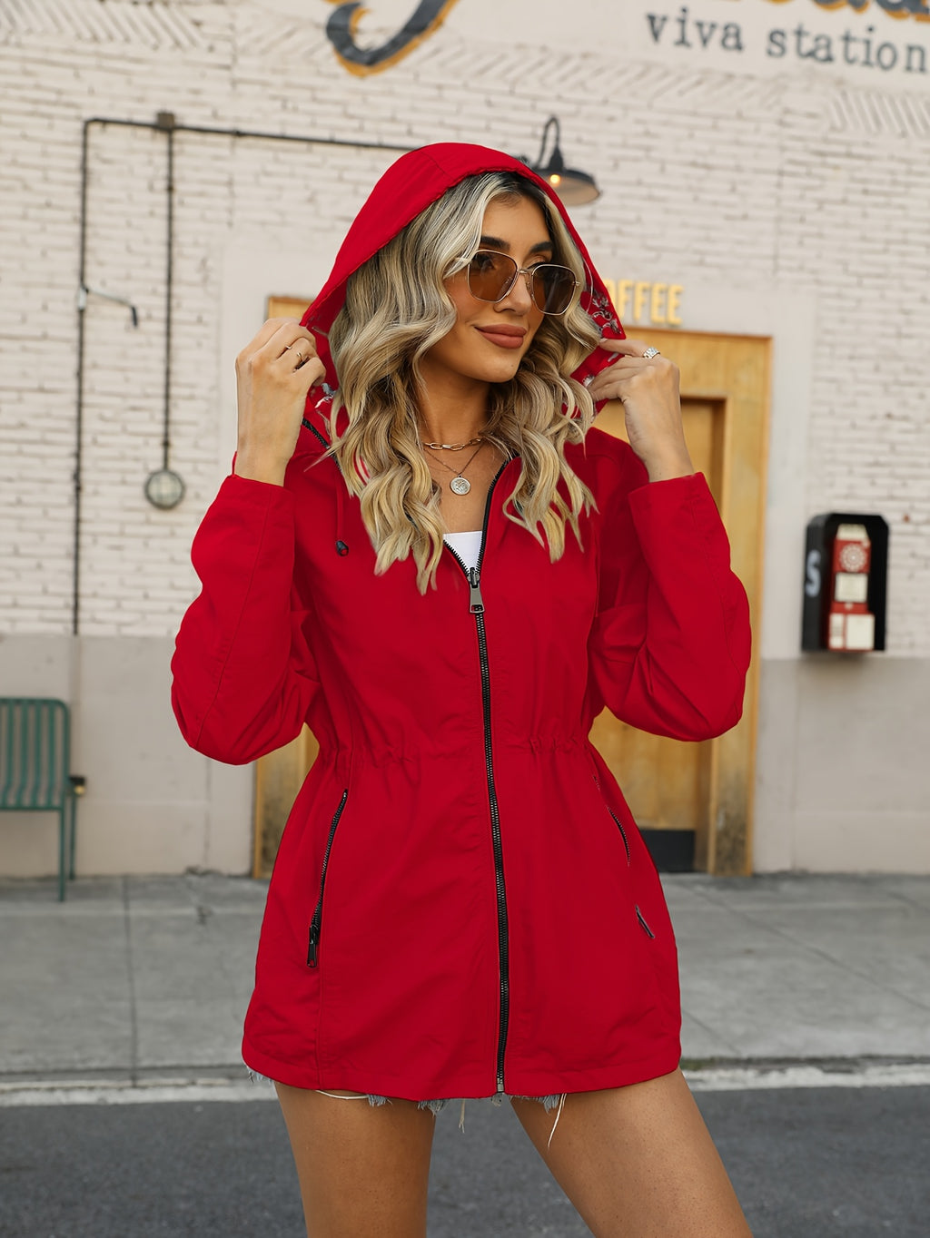 Double-Sided Jacket Women'S Spring And Autumn, Two-Sided Wear, Casual Hooded Jacket, Versatile Lightweight Print (Wash Label Size Label Inside Pocket) - Red