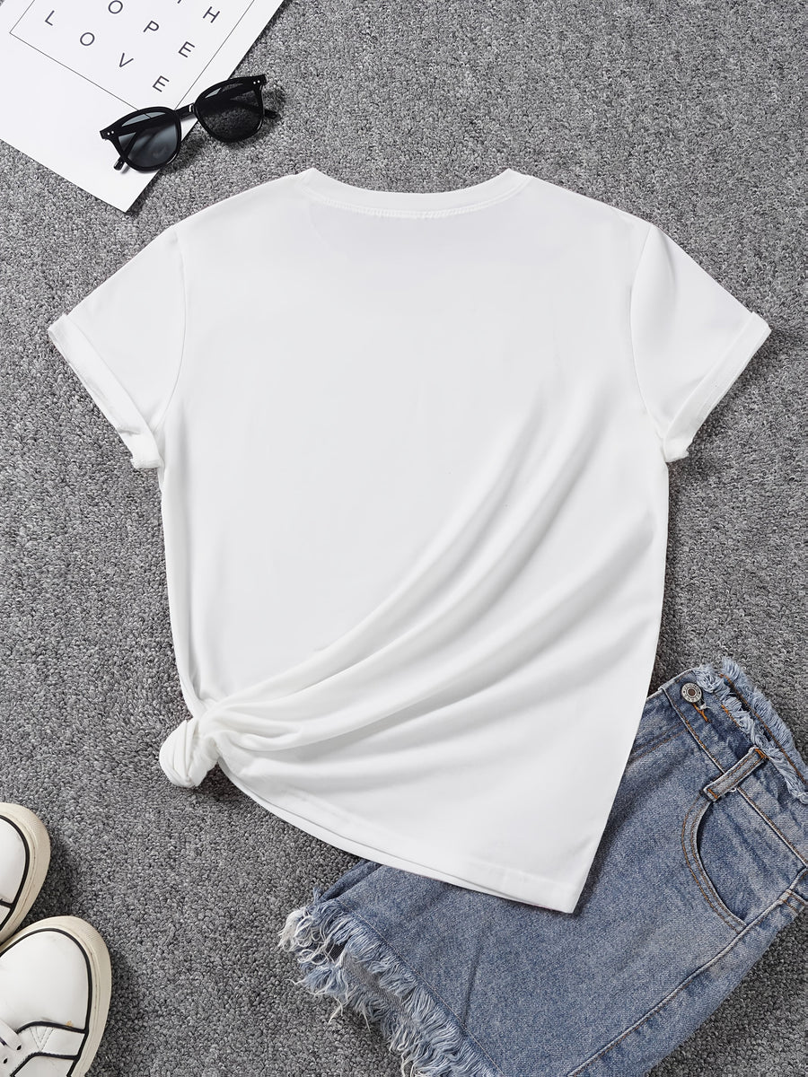 Sunflower Pattern Print - with Bow Design - Casual Round Neck, Short Sleeve, Spring/summer Fashion T-shirt - White 1