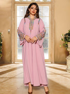 1pc Elegant Dubai Floral Embroidery Abaya Dress - Long Sleeve Non-Stretch Fabric, All-Season Middle Eastern Style Conservative Women'S Dress - Peach