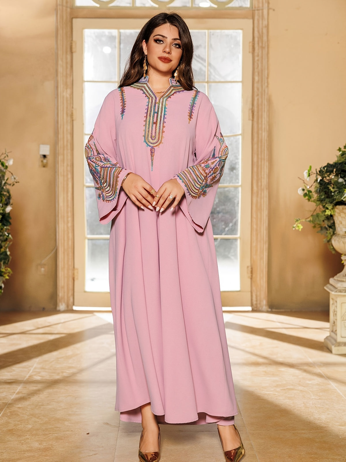 1pc Elegant Dubai Floral Embroidery Abaya Dress - Long Sleeve Non-Stretch Fabric, All-Season Middle Eastern Style Conservative Women'S Dress - Peach