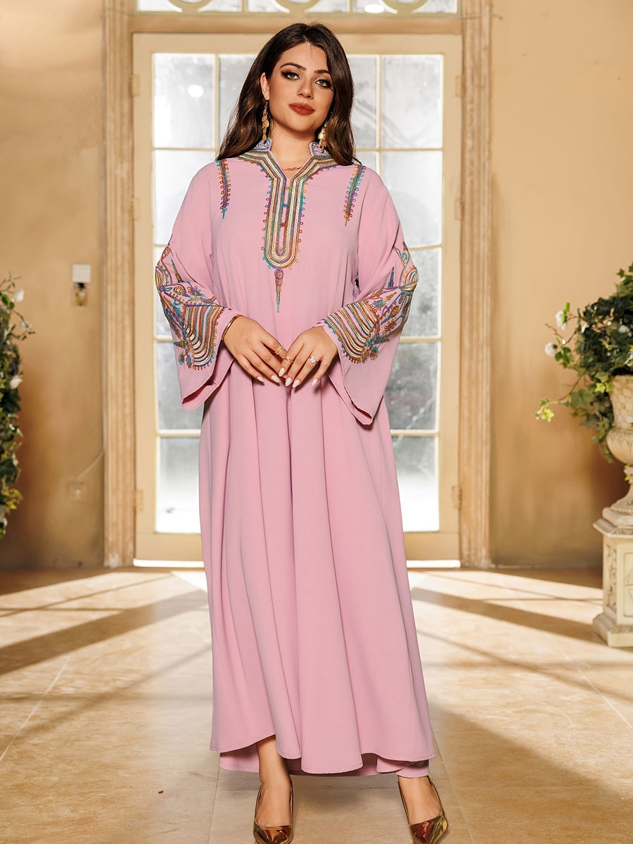 1pc Elegant Dubai Floral Embroidery Abaya Dress - Long Sleeve Non-Stretch Fabric, All-Season Middle Eastern Style Conservative Women'S Dress - Peach