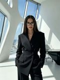 Women's Elegant and Fashionable Double-breasted Notch Lapel Casual Blazer with Detachable Waist Belt, Solid Color Long-sleeve Suit Jacket, Suitable for Daily and Office Commute Wear - Black