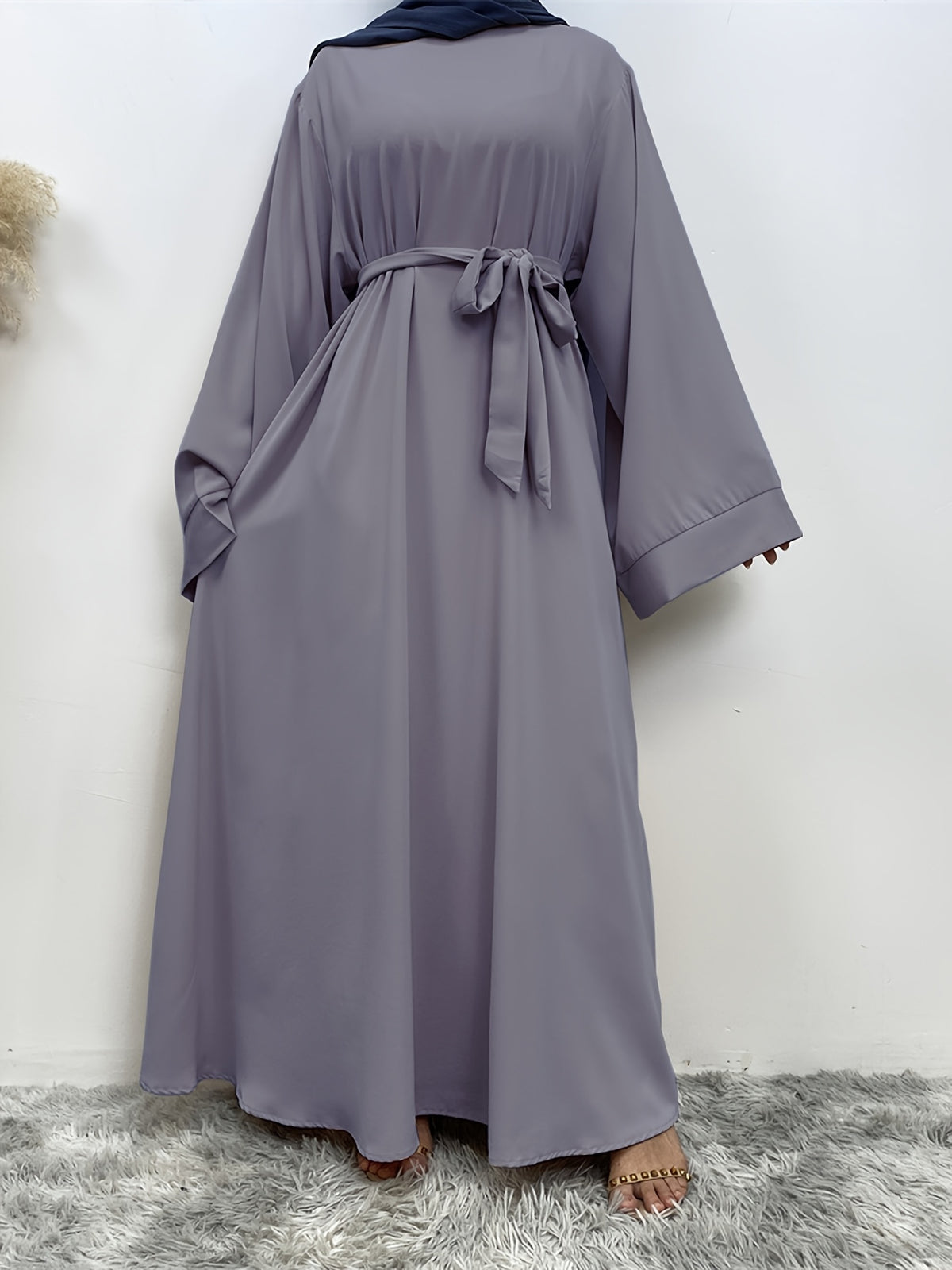 1pc Fashionable, Elegant, Comfortable, and Casual Wide-sleeved Abaya with Belt. Solid Color Suitable for Daily Wear. Loose and Comfortable Women's Abaya Dress. Ferace Tesettür Clothing, Women's Abayas for Muslim Women, Islamic Wear for Women - Dark Gray