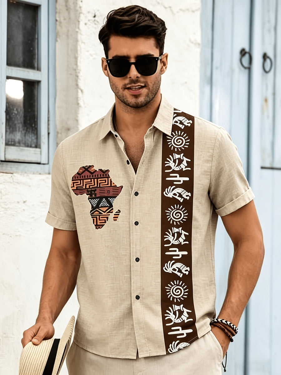 Men'S Summer Short Sleeve Casual Shirt, Button-Top Fashionable Versatile Shirt, Machine Washable, Lightweight And Breathable Fabric, Beach Vacation Pool Party, Daily Travel, Leisure Gathering - Khaki