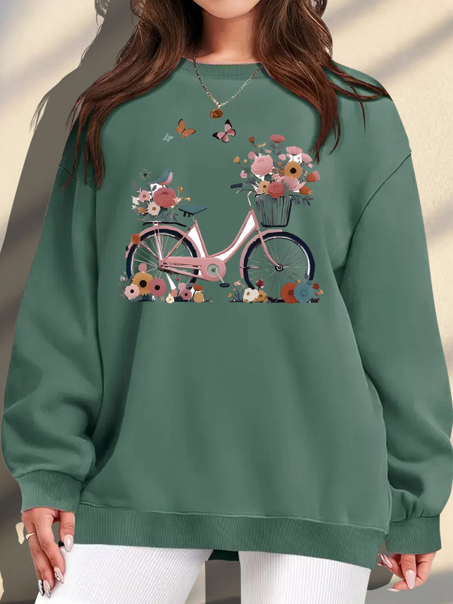 Plus Size, Extended Apparel: Women's Spring/Autumn/Winter Cross-Border European & American Plus-Size Simple Graphic Print Sweatshirt, Casual Crew Neck Sweatshirt, Women's Plus-Size Sweatshirt - Olive Green