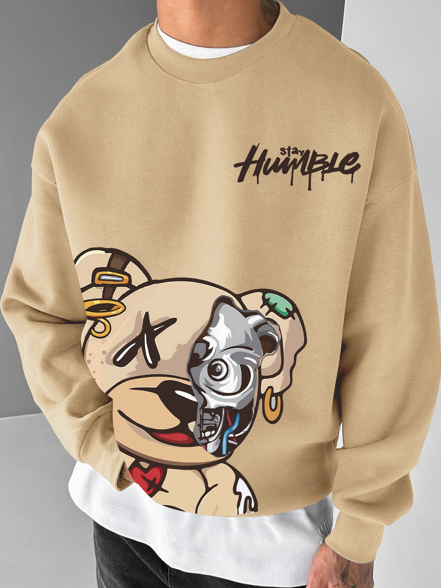 A Men's Crewneck Sweatshirt with a Streetwear-style Creative Patch Featuring a Small Bear Print - Khaki