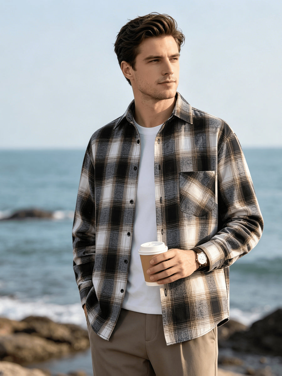Men'S Retro Plaid Long Sleeve Shirt, Casual Loose Fit Button, Breathable Fabric, Perfect for Daily Wear, Vacation, Office And Streetwear Style - Khaki plaid pattern