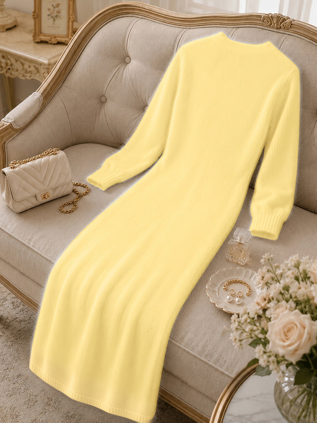 Women's Casual Plush Maxi Dress, V-Neck Long Sleeve Button Front Split Sweater Dress, Versatile for Autumn/Winter Daily Commuting, Soft and Comfortable Fabric, Christmas Style, Suitable for Party Outfits and Banquet Attire - Egg Yolk