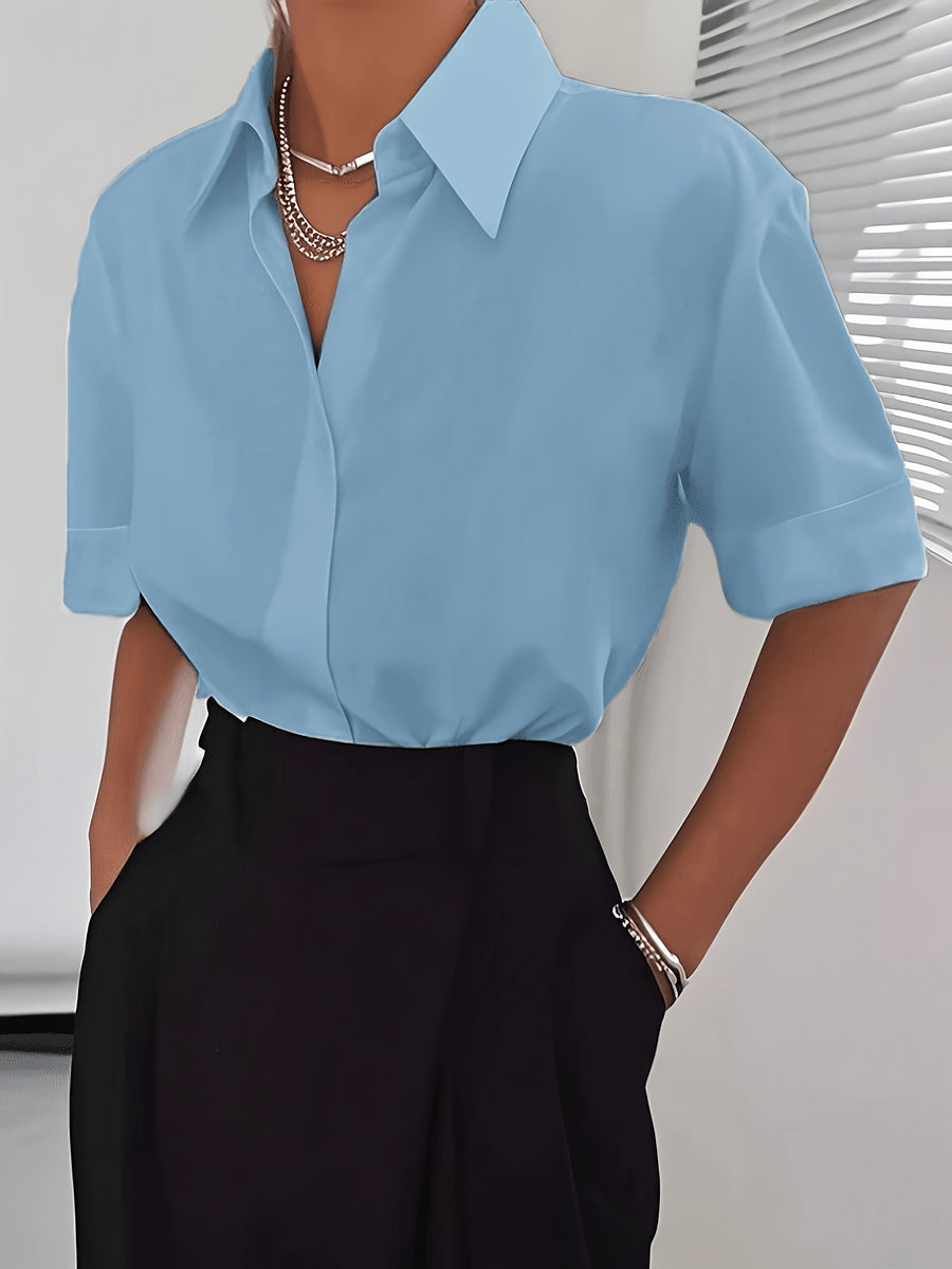 Women's Solid Color Elegant Neckline Short Sleeve Shirt - Light Blue