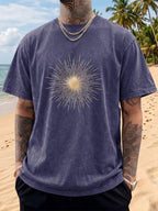 Men's Short-Sleeve T-Shirt, Pure Cotton, Loose Fit, Washed and Distressed, Sunburst Starlight Pattern, Trendy Reverse Double-Sided Print, Multiple Colors for Mix and Match, American Streetwear Hip-Hop High Street Top, for Daily Outings - Royal Blue