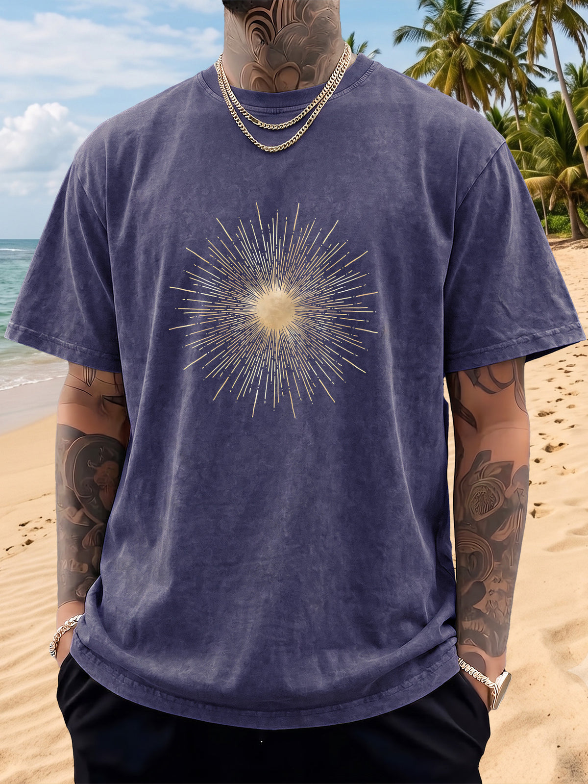 Men's Short-Sleeve T-Shirt, Pure Cotton, Loose Fit, Washed and Distressed, Sunburst Starlight Pattern, Trendy Reverse Double-Sided Print, Multiple Colors for Mix and Match, American Streetwear Hip-Hop High Street Top, for Daily Outings - Royal Blue