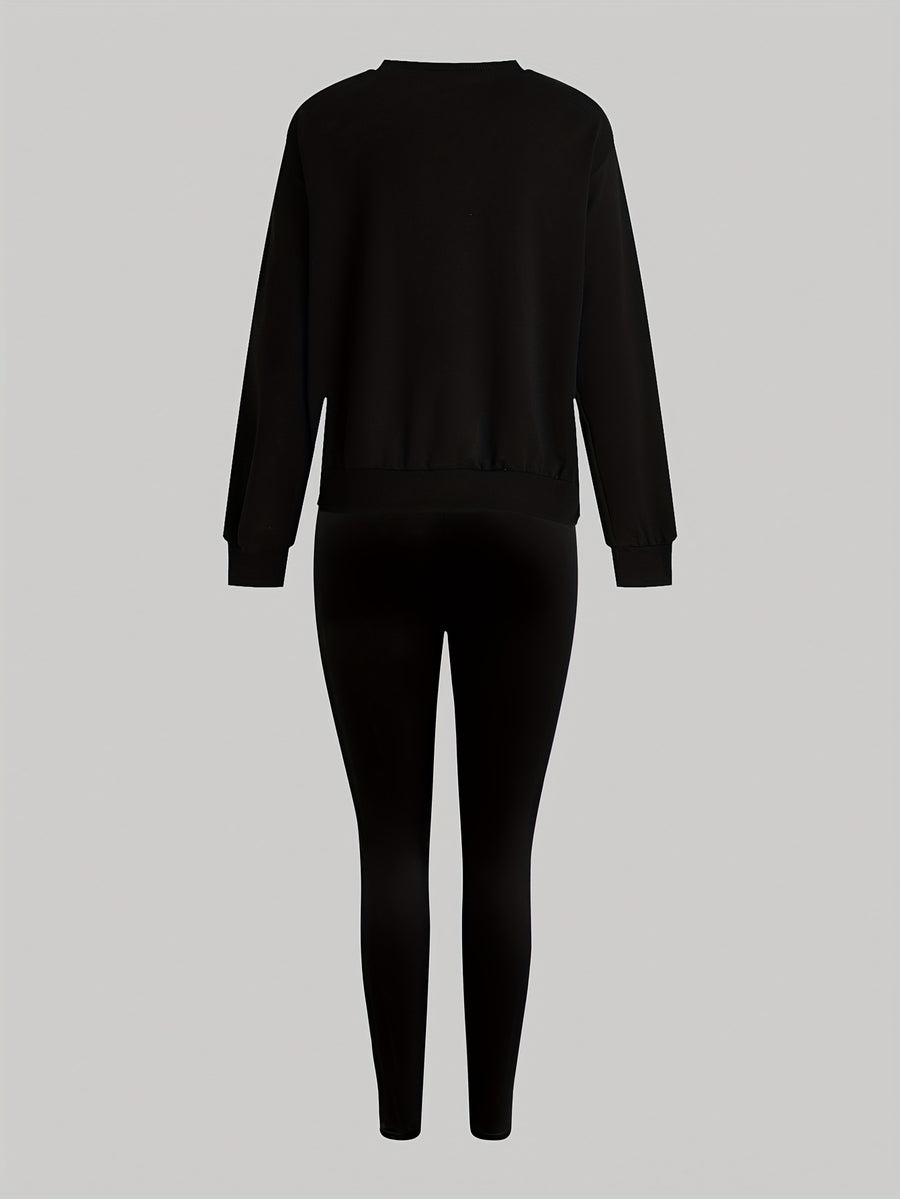 1014Gwen, 1 Set Casual Women'S Sweatshirt Set 2pcs, Letter Print, Round Neck Long Sleeve Sweatshirt, Long Leggings, Single Wear Or Layering, Suitable for Autumn Winter, Women'S Clothing - Black