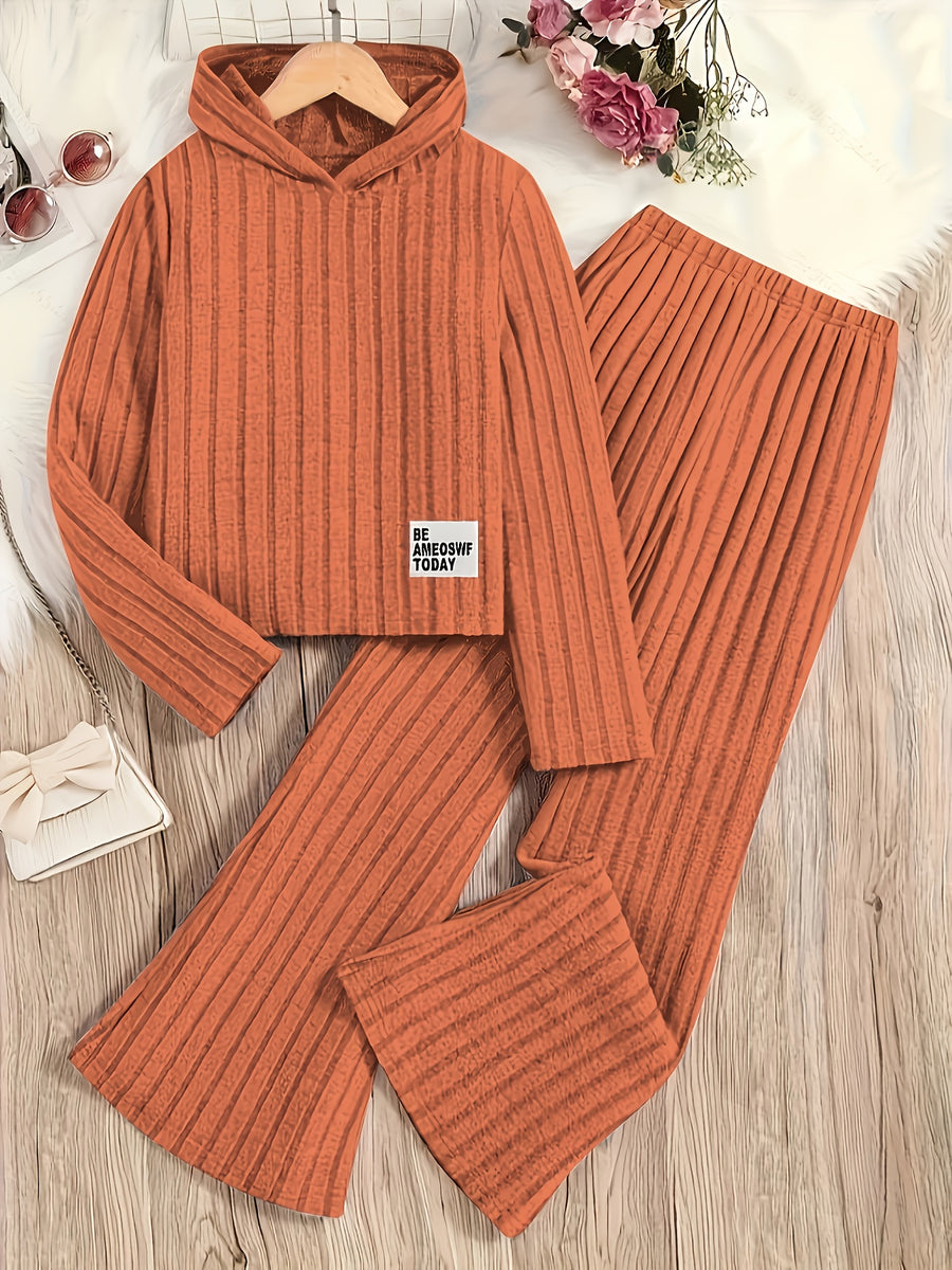 A Set of Women's Rib- Cable- Letter-appliqué Hoodie and Flared Pants - Coral