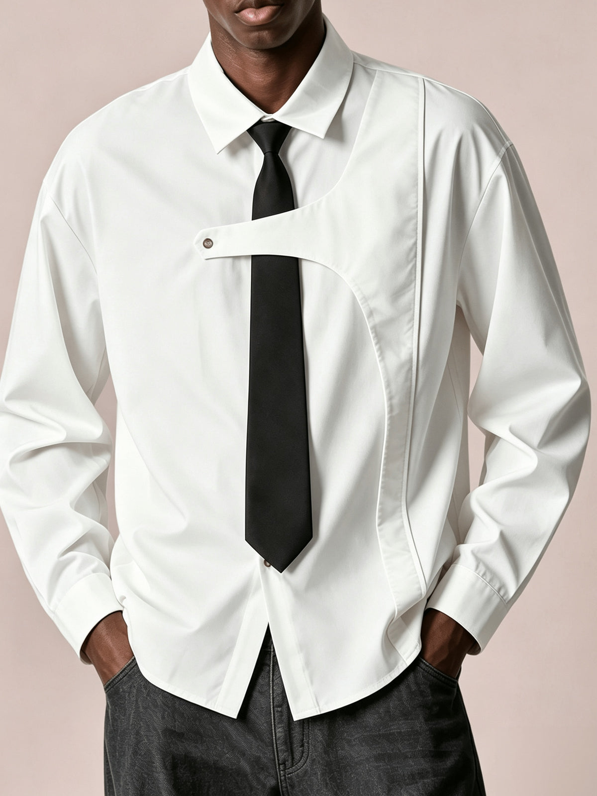 Men'S White Casual Long Sleeve Shirt with Detachable Tie Gift, Spring Autumn New Niche Design Lapel Single Button Long Sleeve Shirt, Loose Comfortable Fit for Daily Commute, Street Outings, Dates, Parties, Fashionable Versatile Casual Shirt - White