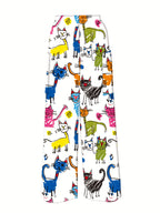 Women'S Colorful Cat Art Digital Print Wide-Leg Pants, Featuring a Casual And Fun High-Waisted Design Suitable for Everyday Wear, Perfect for All Seasons And Machine Washable - White