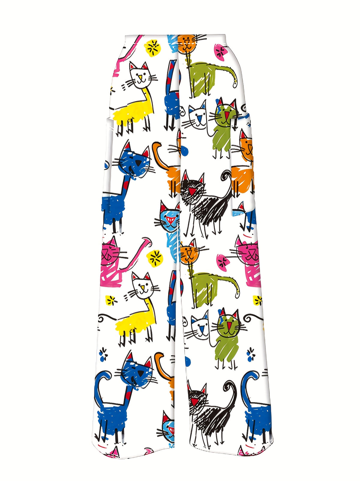 Women'S Colorful Cat Art Digital Print Wide-Leg Pants, Featuring a Casual And Fun High-Waisted Design Suitable for Everyday Wear, Perfect for All Seasons And Machine Washable - White
