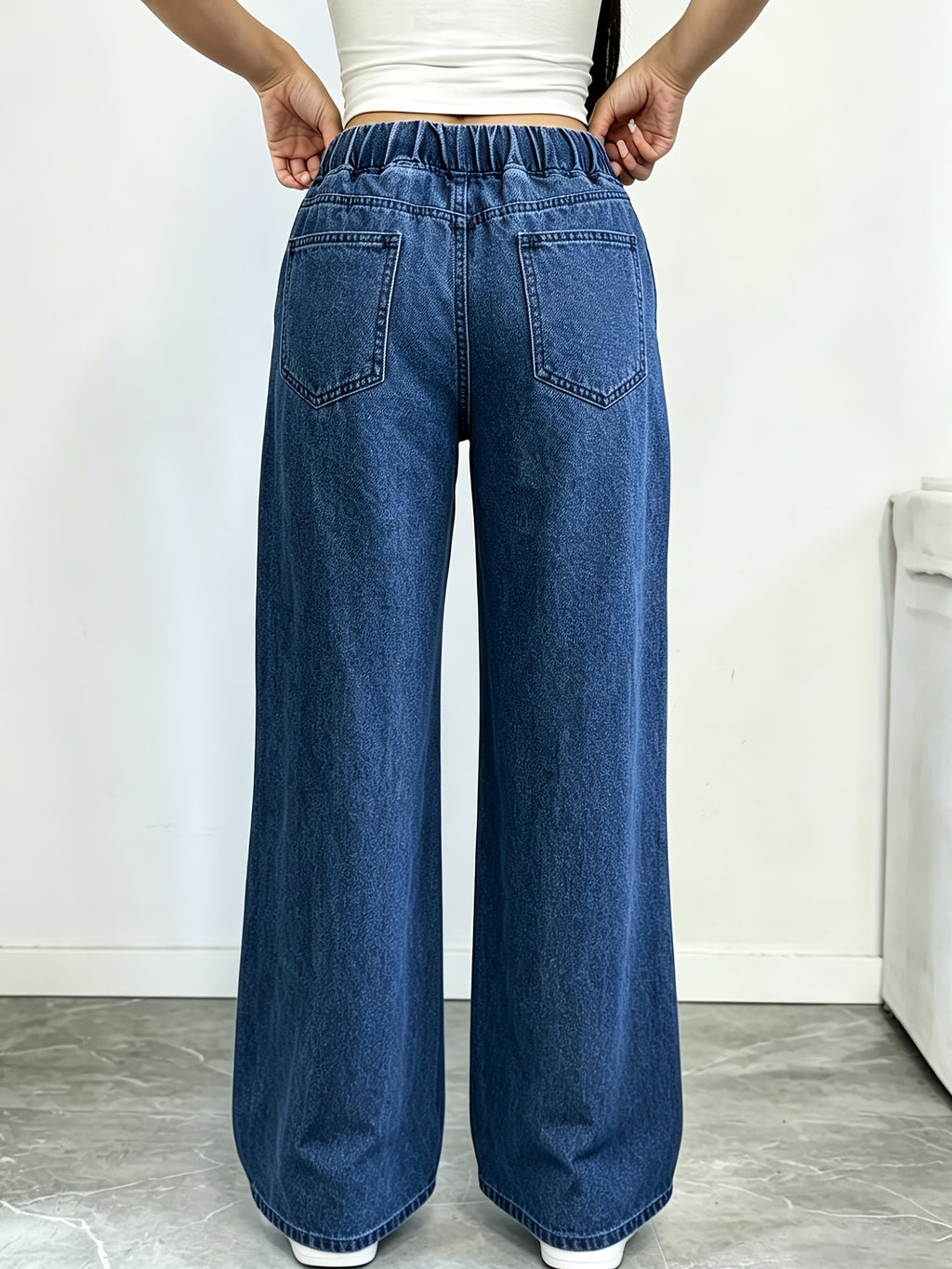 Thickened Women's High-Waist Non-Stretch Wide-Leg Jeans with Elastic Waistband and Adjustable Drawstring, Shileng Stone-Washed Classic Blue, True-Leg Long Pants for Daily and Formal Wear, Four-Season Elegant Trousers, Wardrobe Essential - Medium Blue