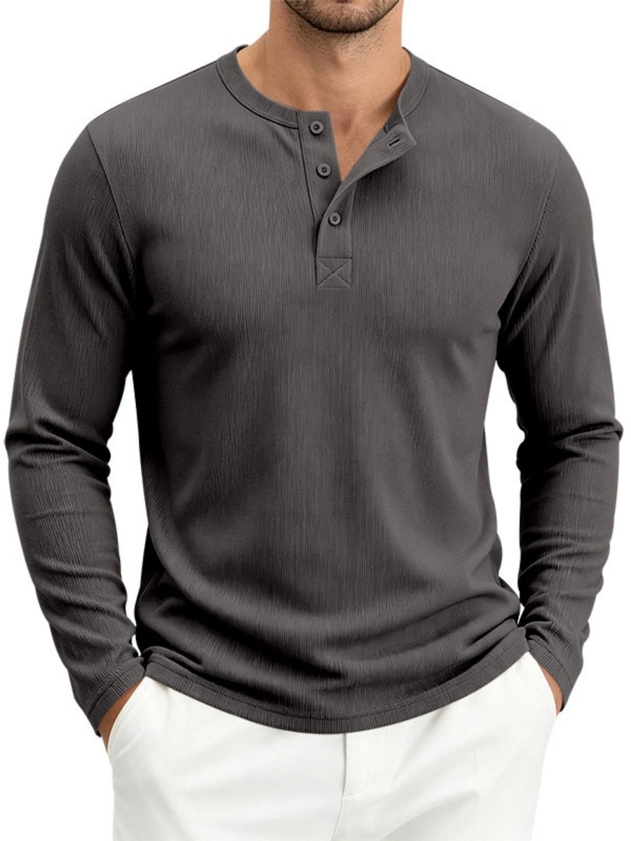 Men's Spring Fall Heavyweight Ribbed Henley Shirt, American Retro Casual Long Sleeve Top, Breathable Loose Commute Henley Neck Tee - Grey