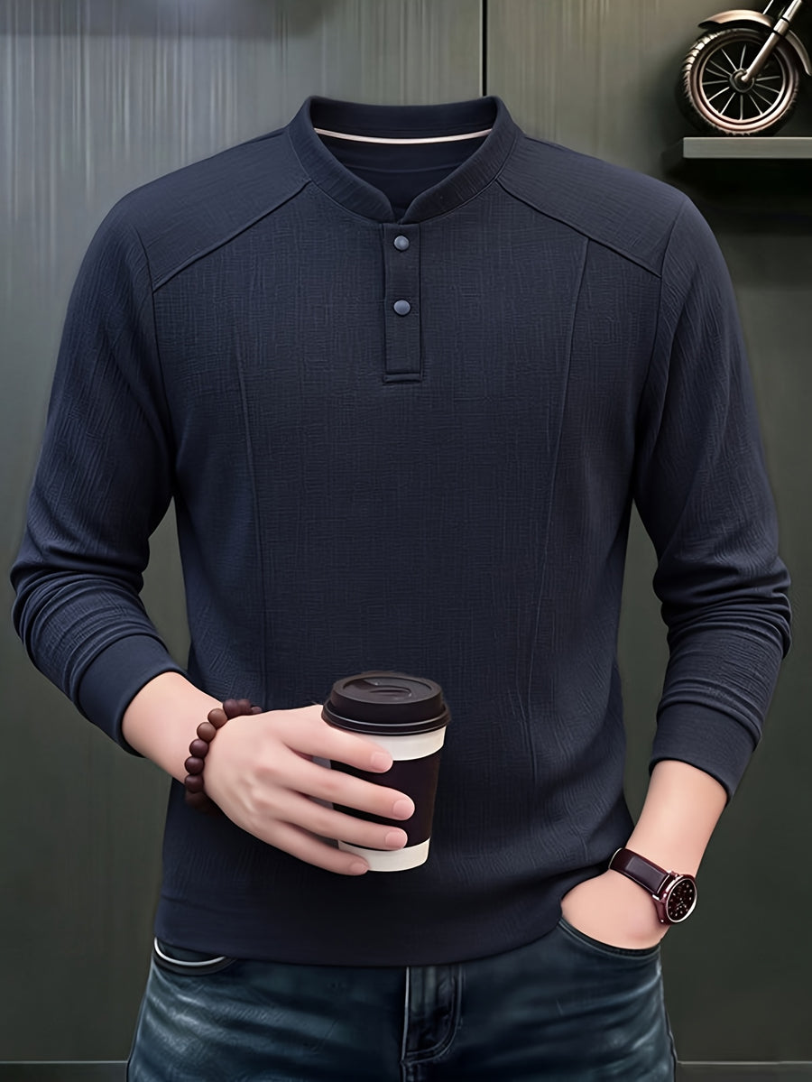 Men's Henry Neck Long Sleeve Sweatshirt, Two-Button, More Energetic Than a Crew Neck, Non-Constricting on the Neck, Simpler Than a Lapel Collar. -SINBOS - Shangqing
