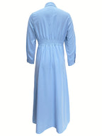 Fashion Women'S Classic Stand-Up Collar Single-Breasted Dress Elegant Ruffled Patchwork Long-Sleeved Dress Long Spring And Autumn 12010 - Light Blue