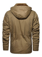 Men'S Winter Fleece-Lined Hooded Jacket - Thick Warm Insulated, Multiple Pockets, 100% Polyester Casual Coat, Machine Washable Regular Fit for Autumn/Winter Outdoor Wear, Winter Outerwear - Khaki