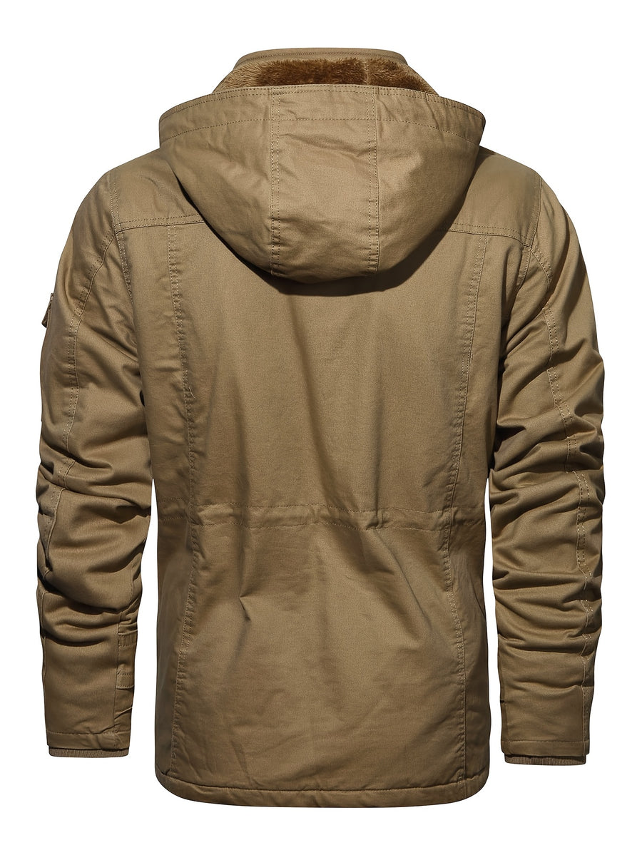 Men'S Winter Fleece-Lined Hooded Jacket - Thick Warm Insulated, Multiple Pockets, 100% Polyester Casual Coat, Machine Washable Regular Fit for Autumn/Winter Outdoor Wear, Winter Outerwear - Khaki
