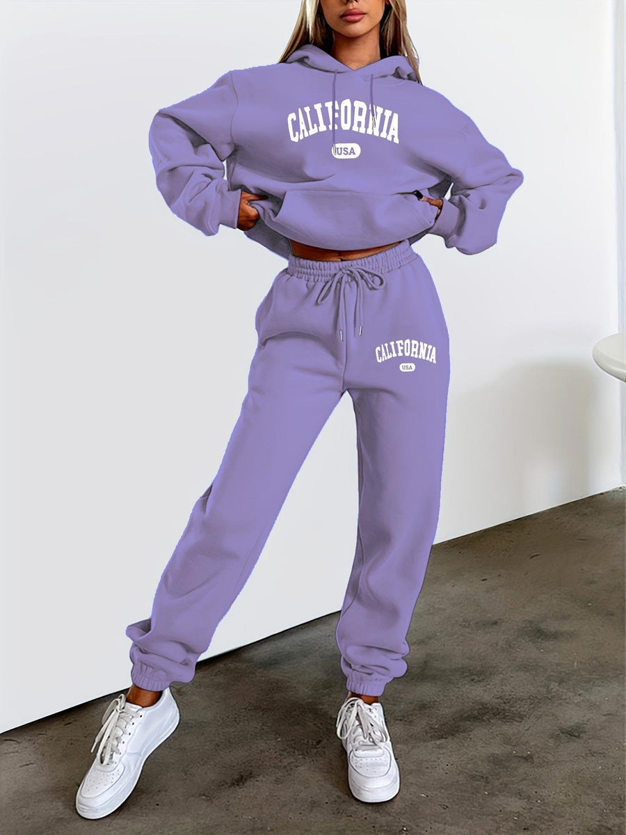 Printed Women's Casual Sports Suit, Warm Long Sleeve with Drawstring Kangaroo Pocket, Women's Clothing - Purple