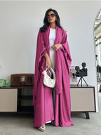 Middle Eastern Muslim Solid Color Loose Robe with Batwing Sleeves, Long Dubai Cardigan with Headscarf - Rose Red