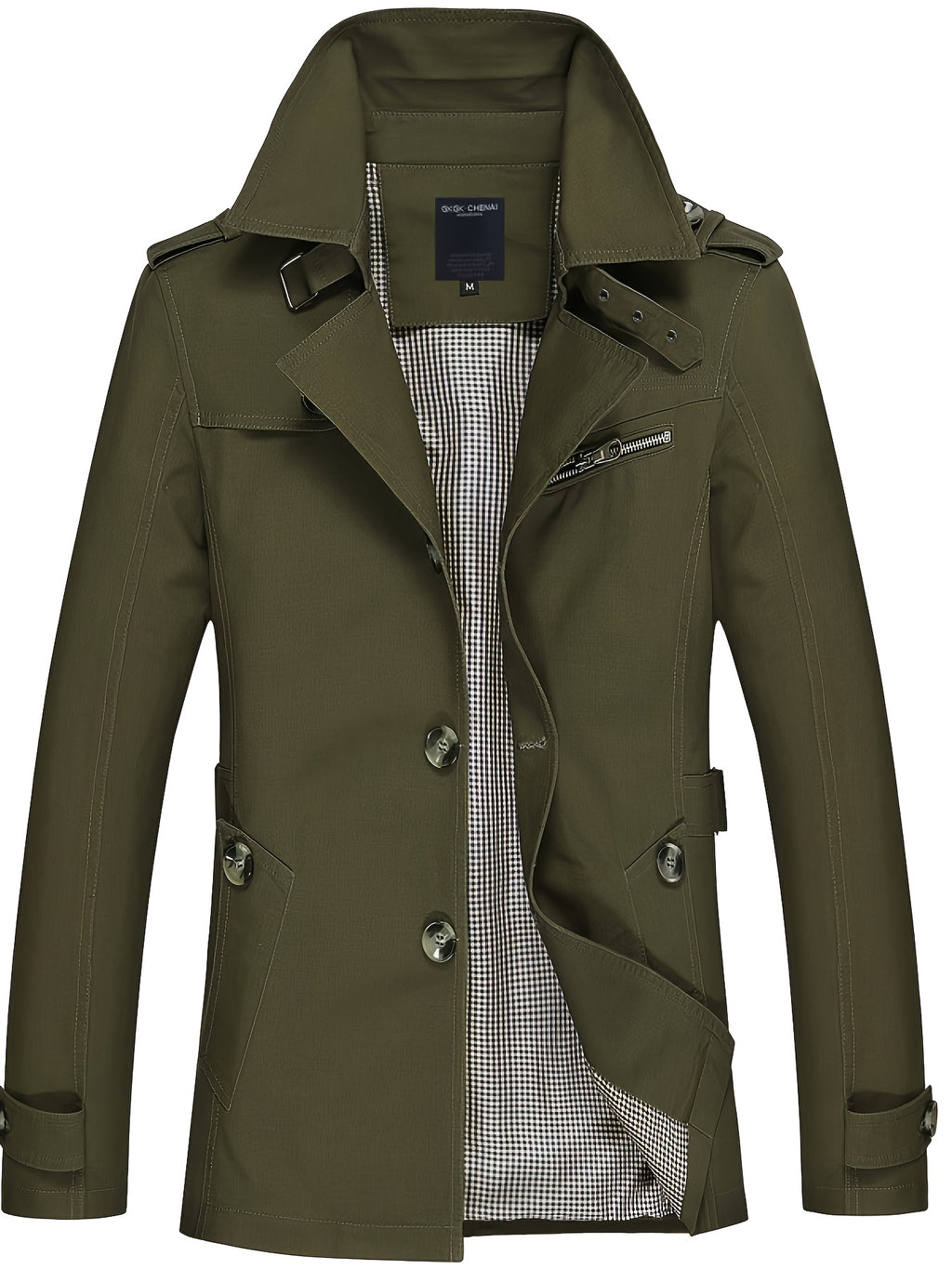 Men'S Lapel Mid-Length Casual Trench Coat, Single-Breasted Utility Style Jacket, with Epaulettes, Metal Buttons, Zipper-Decorated Pocket, Spring/Autumn Casual Outerwear, Suitable for Office And Daily Commute, Men'S Business Coat - fern green