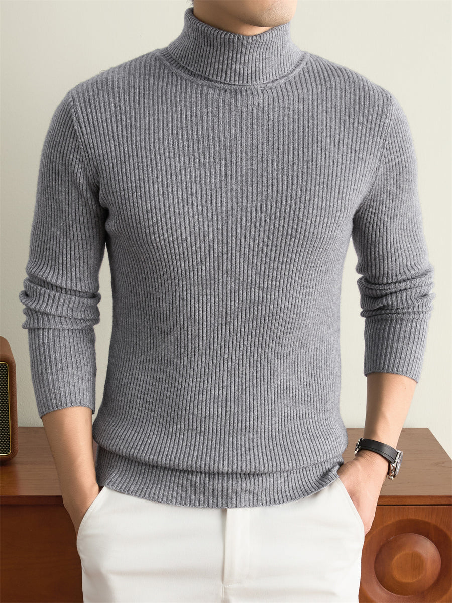 Men's Solid Color High Neck Sweater - Warm Winter Knit Pullover with Turtleneck Collar, Long Sleeve Basic Knitwear Suitable for Casual & -Casual Outfits, Hand Washable for Office Layering - Grey
