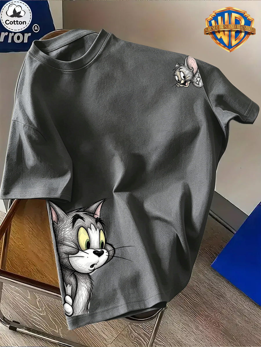 Cartoon Pattern Print T-Shirt, Round Neck Design, Pure Short Sleeve Street Casual Wear. Easy And Comfortable, Versatile Summer Short Sleeve T-Shirt, Suitable for Men'S Outdoor Activities, Gym Studio, Office Daily Wear - Dark Gray
