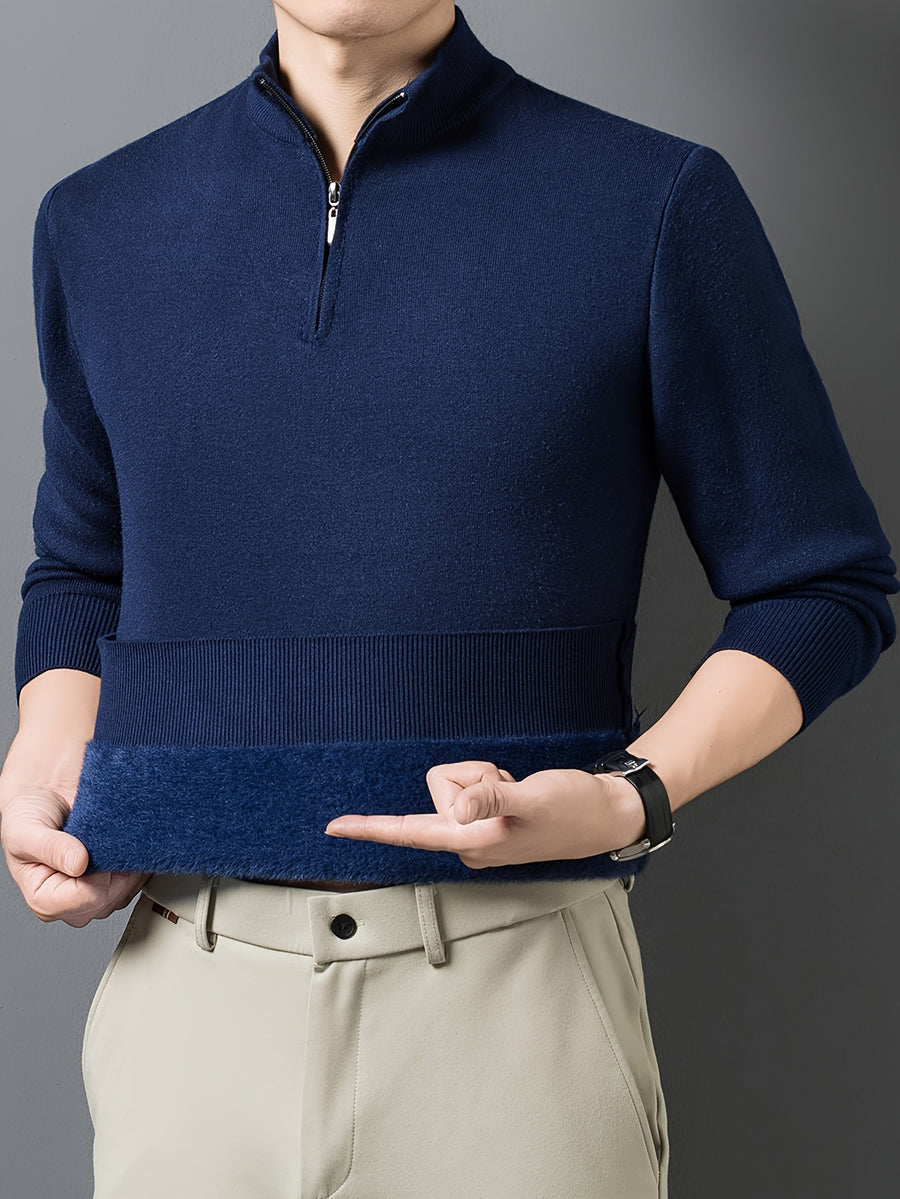 1pc Men'S Solid Color Small Stand Collar Knit Pullover Autumn Winter Zipper Casual Fleece Warm Top - Navy Color